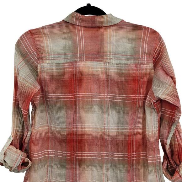 Dress Barn Lightweight Roll Tab Sleeve Blouse S Peach Coral Plaid Button India - Picture 11 of 15